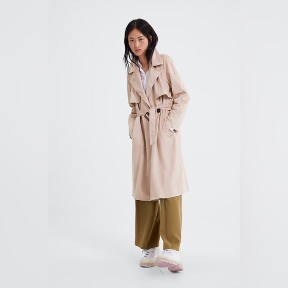 Zara Tan Trench Coat XS Faux Suede Double Breasted Belted Classic Mid Length - Picture 8 of 16